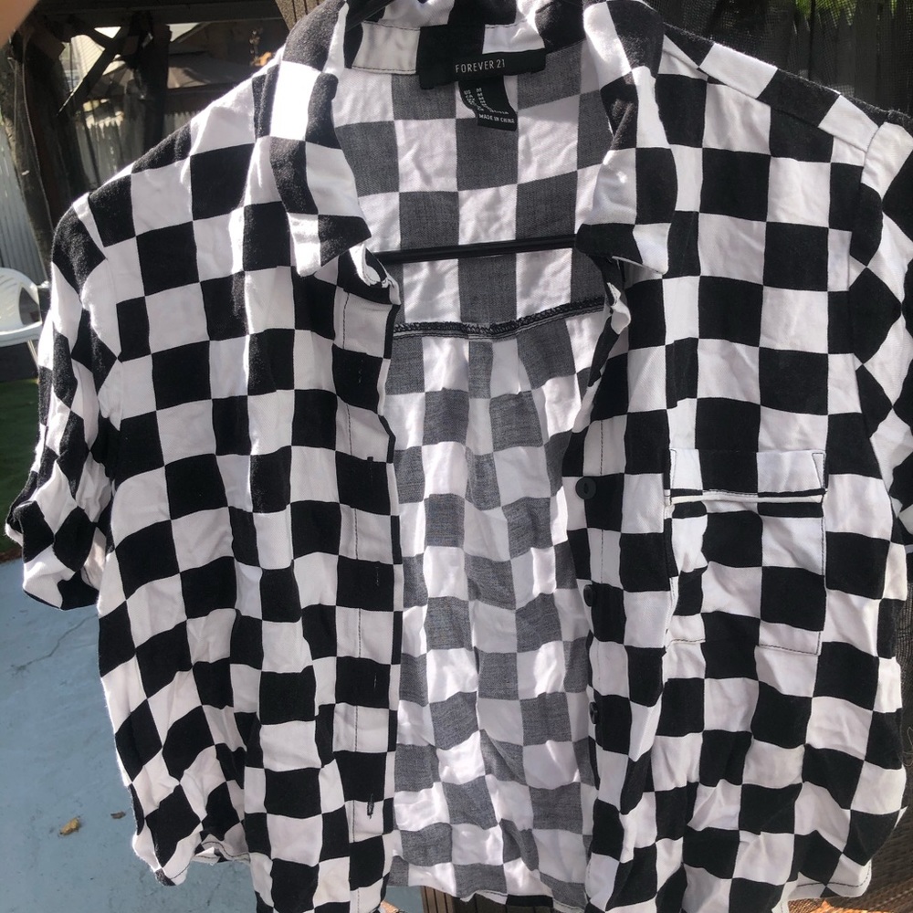 Checkered Crop Button Top